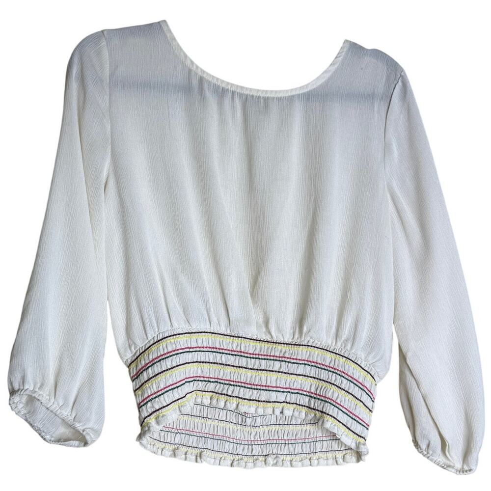 Lily White Cropped Tops Women Large White Smocked Sheer Boho Peasant Prairie